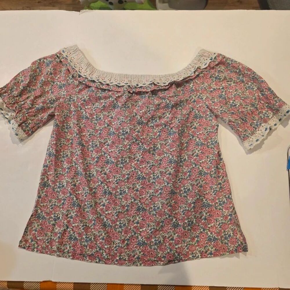Grandmacore Floral Ruffle Top XL Cottagecore Prairie Eyelet Lace Romantic